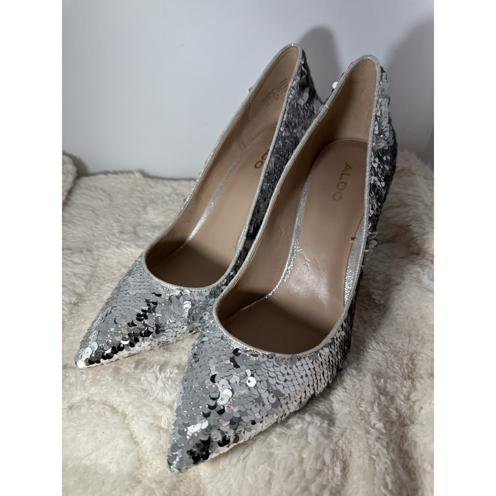 Aldo Pumps High Heels Stiletto Women's 7.5 Silver Sequin Shoes Cocktail Party - Picture 4 of 11